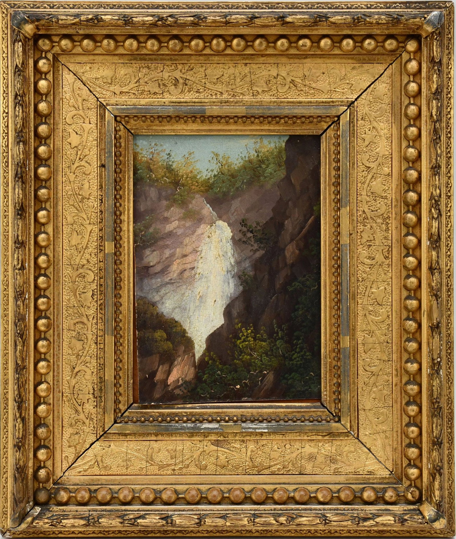 19th Century American School western Waterfall Small landscape painting, oil on paper, 6-1/2 x 4-1/2 (1 of 5)