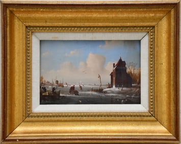 Cornelis Petrus t' Hoen (DUTCH, 1814–1880) oil on board, ice skaters, 4-1/2 x 7-1/4 inches