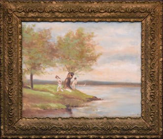 Nude girls at the swimming hole, signed Paerels Louis lower right, oil on canvas, 16 x 20 inches,