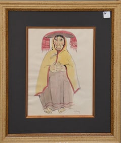 20th Century Mexican School signed Galvez, Watercolor Lady w/ coat and hat on. 14 x 10 inches.