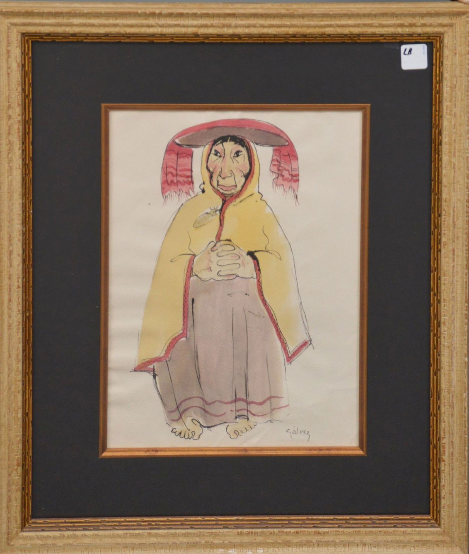 20th Century Mexican School signed Galvez, Watercolor Lady w/ coat and hat on. 14 x 10 inches. (1 of 5)