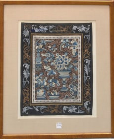 19TH CENTURY CHINESE SILK EMBROIDERY depicting a floral and objects of virtue scene with a floral