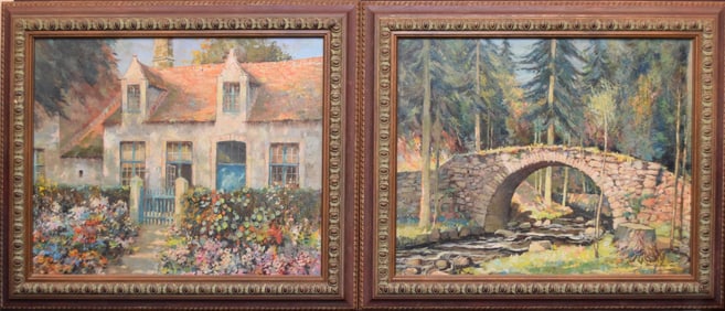 Pair of Nicely Framed 20th Century oil on board paintings, Cottage with Garden & Stone Bridge over