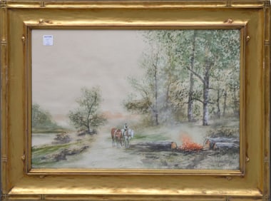 L. Frosini watercolor, landscape, man on horse tending fire, framed size 20 x 27 inches