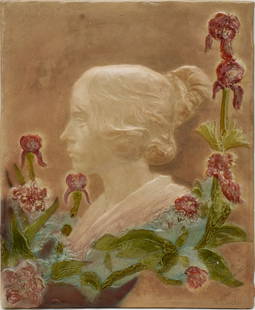 C. Muller 19th Century Ceramic nouveau Portrait plaque, 15 x 18 inches, signed P. Moreau Vathier: C. Muller 19th Century Ceramic nouveau Portrait plaque, 15 x 18 inches, signed P. Moreau Vathier