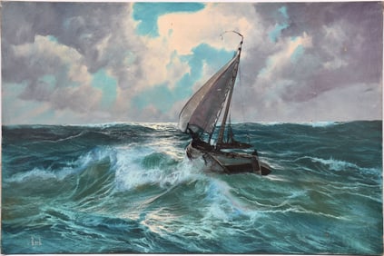 Am School mid 20th Century, sailboat in rough seas, craquelure and few small punctures. Oil on