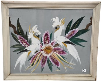 Painting of Cockatoos with purple flowers Signed illegibly Sari ? Overall 24 x 28 inches (some paint
