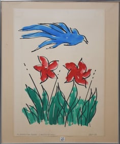 Robert Kiley (1925-1996) Watercolor on paper, Flowers and blue bird-1983. sheet size 29-1/2 x 22