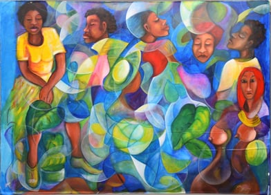 Large Jamaican oil painting by Errol Lewis picking Tabacco. 48 x 64 inches