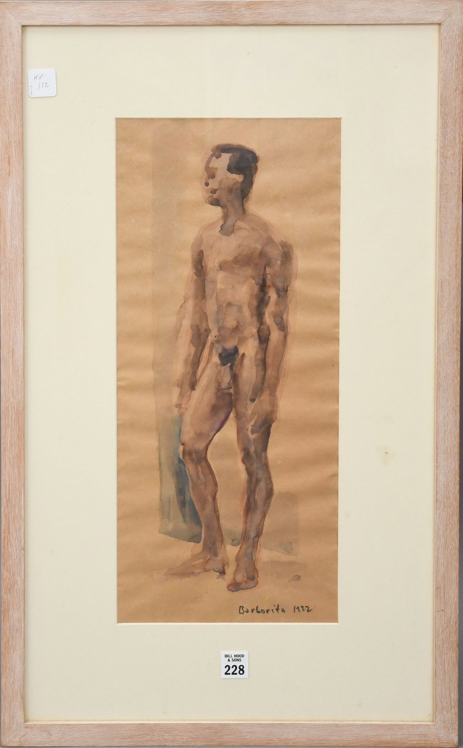 1922 Watercolor by Barborita, Title "Standing Man 1" Standing Nude , signed Lower right Barborita: 1922 Watercolor by Barborita, Title "Standing Man 1" Standing Nude , signed Lower right Barborita and dated 1922, Gallery label on verso, "The Alberti Galley London" , Sight size 19" x 8" Frame Size 2