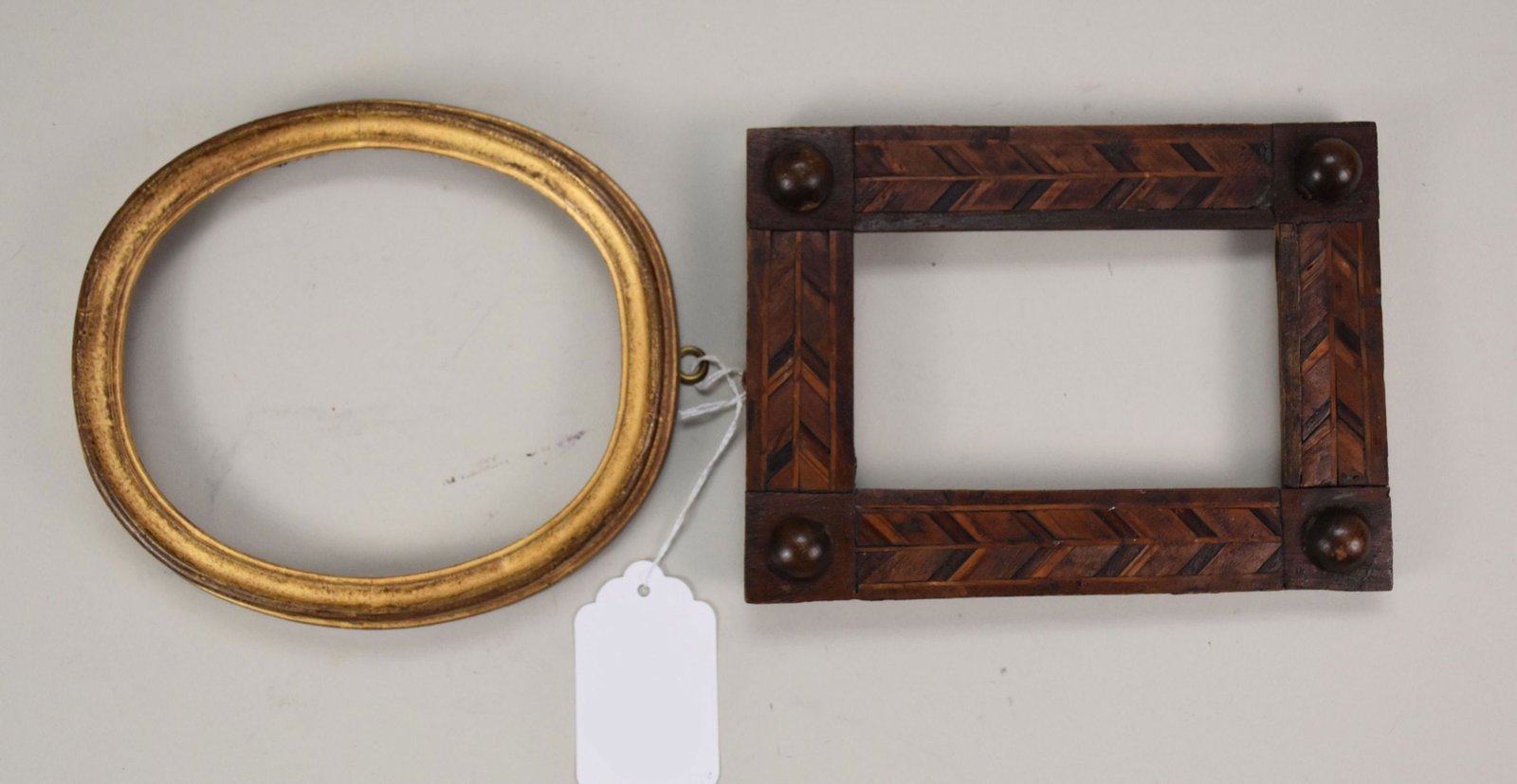 Italian 17th Century Carved Wood Frame with Intarsia, Sight Measures 5 x 3, Exterior 7.25 x 5.5: Italian 17th Century Carved Wood Frame with Intarsia, Sight Measures 5 x 3, Exterior 7.25 x 5.5 Inches. Italian 18th Century Gilded Wood Oval Frame, Sight Measures 5.75 x 5, Overall, 7 x 6.25 Inches.