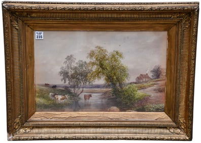 19th Century English School water color Landscape cows watering, signed Scott lower left ,11-1/2 x