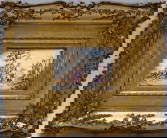 Antique French Gilt Framed Figural Enamel Plaque - A hand-painted enamel plaque featuring an