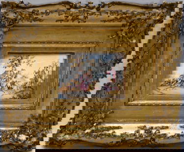 Antique French Gilt Framed Figural Enamel Plaque - A hand-painted enamel plaque featuring an: Antique French Gilt Framed Figural Enamel Plaque - A hand-painted enamel plaque featuring an exterior figural group scene of ladies reading and gentlemen with instruments. Framed in an ornate gilded f