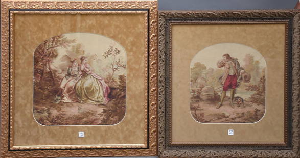 2 19th Century Framed Aubusson tapestry's 2 scenes (#1) Two Lady's Talking of a suitor, Sight size: 2 19th Century Framed Aubusson tapestry's 2 scenes (#1) Two Lady's Talking of a suitor, Sight size 19" x 19" Frame Size 32" x 32" (#2) Young gentleman suitor, Sight size 16" x 15" Frame Size 30" x 29"