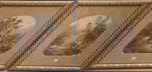 Pair of 19th Century Framed Aubusson tapestry's 2 scenes connect by a carrier pigeon delivering a