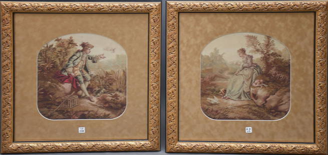 Pair of 19th Century Framed Aubusson tapestry's 2 scenes connect by a carrier pigeon delivering a: Pair of 19th Century Framed Aubusson tapestry's 2 scenes connect by a carrier pigeon delivering a note from a gentleman to a lady. Well framed and matted, Sight size 16" x 15" Overall Size 29" x 28"