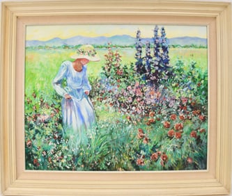 Large oil on canvas Woman in Field of Flowers signed lower right Moleoni Canvas size 24" x 30" Frame