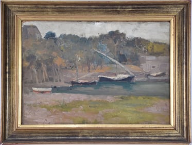 19th Century Impressionist School, Sailboats on River, Oil on Panel, Signed Illegibly on Verso,