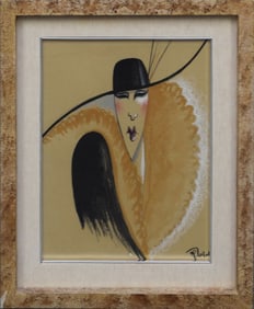French Art Deco Portrait of a an Elegant Lady, Pencil Gouache and Gold Paint, Signed Illegibly lower