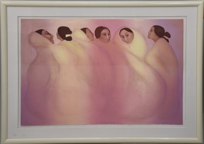 RC Gorman (AMERICAN, 1932–2005) Very Large Lithograph 6 women wrapped in blankets, 181/225, pencil