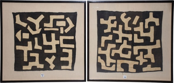 2 Framed African Kuba cloth Textiles, Woven Fabric with abstract shapes, one is 24" x 22" other is