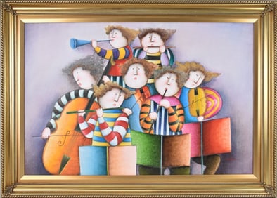 Joyce Roybal (British, b. 1955) Original Oil on Canvas Puffy People- Colorful music painting.