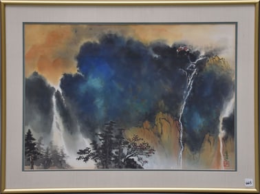Chinese Watercolor on paper, Artist: Michiko Mathews, "Waterfalls of Kulu Valley", 20" x 28" sight,