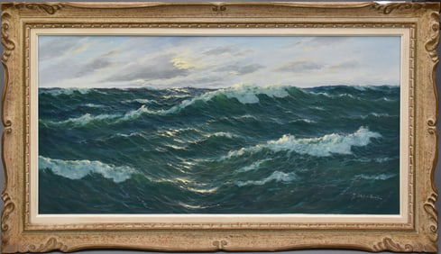 1950's Large Seascape painting, oil on canvas, Open Ocean Waves, signed illegibly lower right.