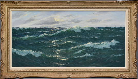 1950's Large Seascape painting, oil on canvas, Open Ocean Waves, signed illegibly lower right.: 1950's Large Seascape painting, oil on canvas, Open Ocean Waves, signed illegibly lower right. Canvas size 24" x 48" Frame size 32" x 56"