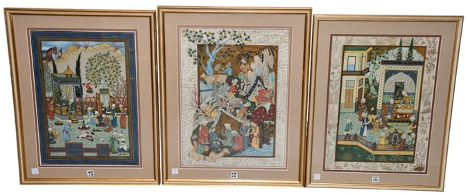 3 Persian / Mughal Paintings on silk. Common themes include court scenes, mythology and literature.