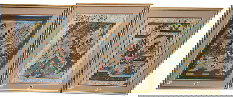 3 Persian / Mughal Paintings on silk.  Common themes include court scenes, mythology and literature.: 3 Persian / Mughal Paintings on silk. Common themes include court scenes, mythology and literature. Approximately sight 21 x 15-1/2 inches. Overall with frame 28 x 22 inches. Overall good condition fe