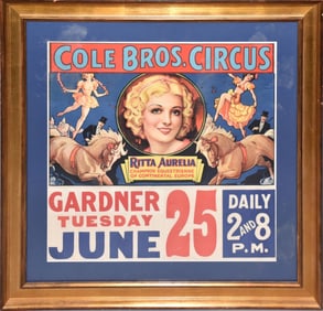 Cole Bros Circus. Ritta Aurelia Champion Equestrienne, Color lithograph poster, 26 1/2" x 26 1/2"