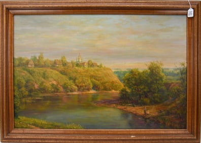 Attributed to: Kiselev, Russian painting oil on canvas, Landscape boys fishing, Castle on hill, 24 x