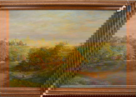 Attributed to: Kiselev, Russian painting oil on canvas, Landscape boys fishing, Castle on hill, 24 x: Attributed to: Kiselev, Russian painting oil on canvas, Landscape boys fishing, Castle on hill, 24 x 36 inches