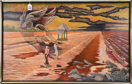 Dennis Piattoly 20th Century Surrealistic Landscape -1978. oil on board, Landscape sand waves and