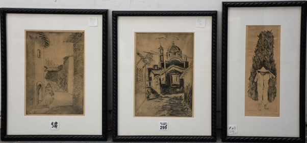 3 Antique Etchings. Old Spanish Villages & Field Worker. Sight size is 10 x 6-3/4 x 15 x 11-1/2
