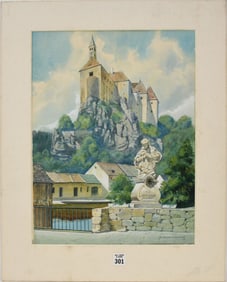 Gustav Bergmann, Watercolor Orava Castle in Slovakia-1968. signed lower right, Sight 17 x 13 inches,