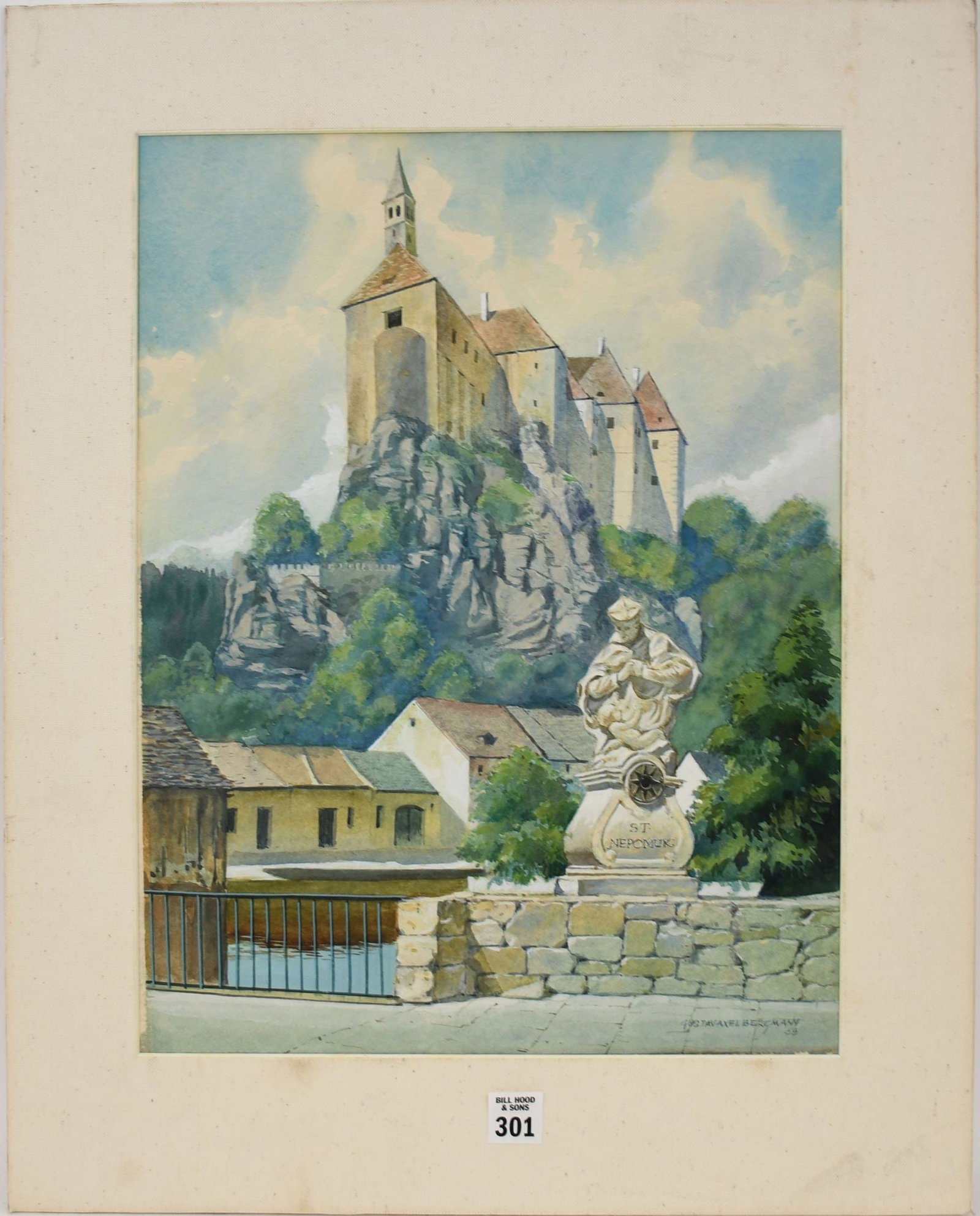 Gustav Bergmann, Watercolor Orava Castle in Slovakia-1968. signed lower right, Sight 17 x 13 inches,: Gustav Bergmann, Watercolor Orava Castle in Slovakia-1968. signed lower right, Sight 17 x 13 inches, overall with mat. 23 x 18 inches