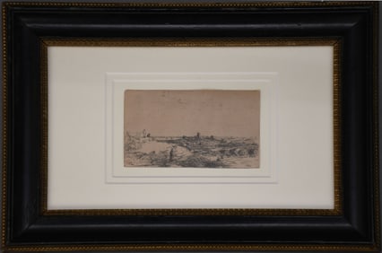 Antique Etching After Rembrandt - Landscape with a cow and a square tower. 4-3/4 x 2-3/4 inches.