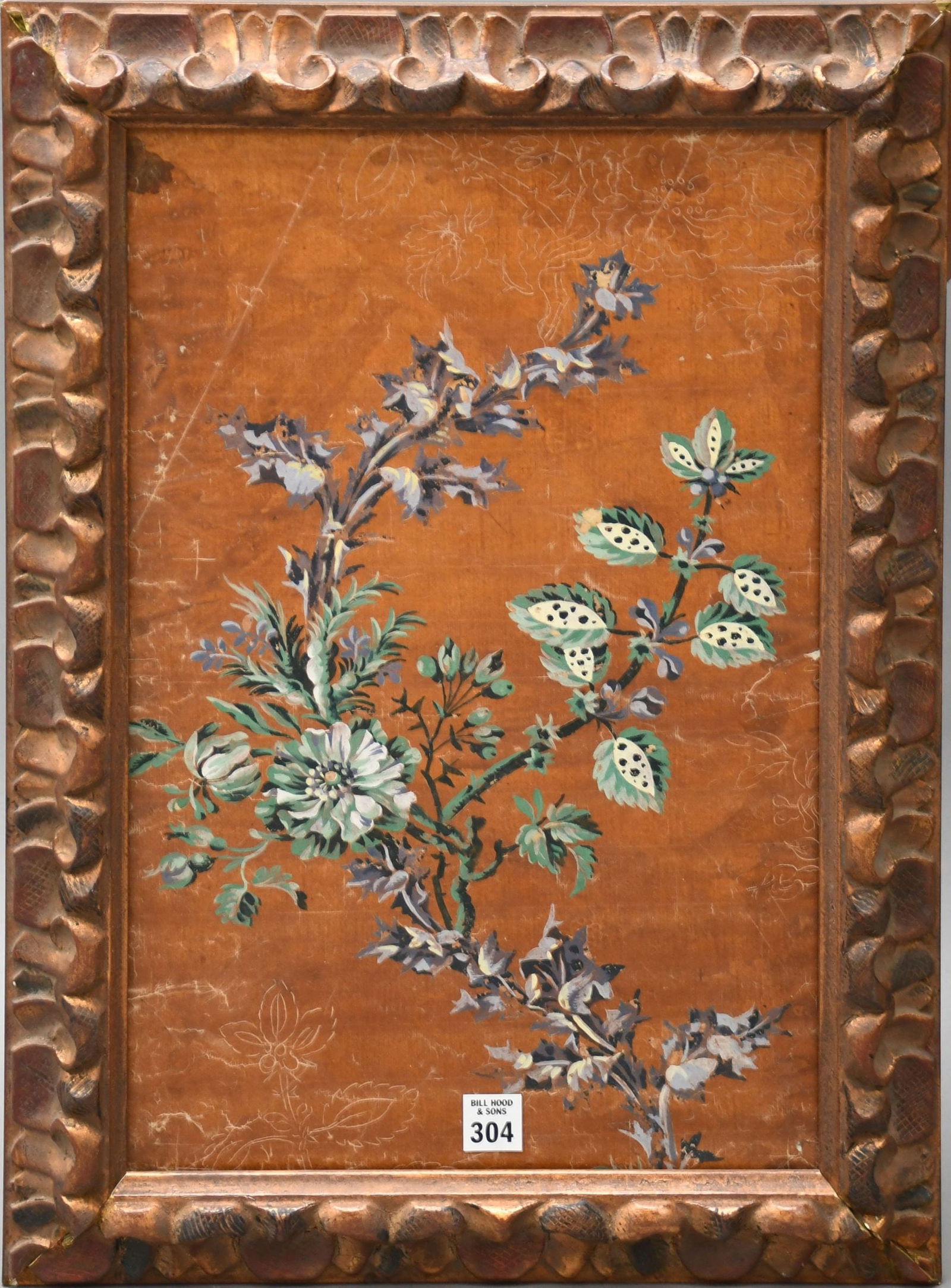 Antique Hand Painted Floral Wallpaper, custom frame, sight size 18-1/2 x 12 inches. Overall 23 x 16 (1 of 5)