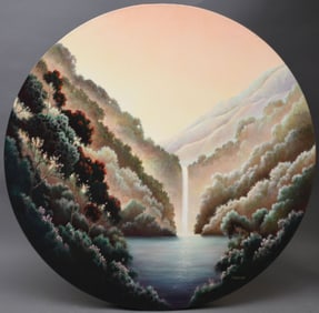 Signed Hazlehurst. 20th Century oil on canvas, Fantasy Landscape with Waterfall. 36 inch Round.