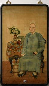 20th Century Chinese Reverse Painting on Glass, Interior with Man Seated holding beads. Overall size