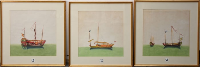 3 Chinese Watercolors of Junk- ships. No apparent signatures, Sight size is 14 x 14 inches. overall
