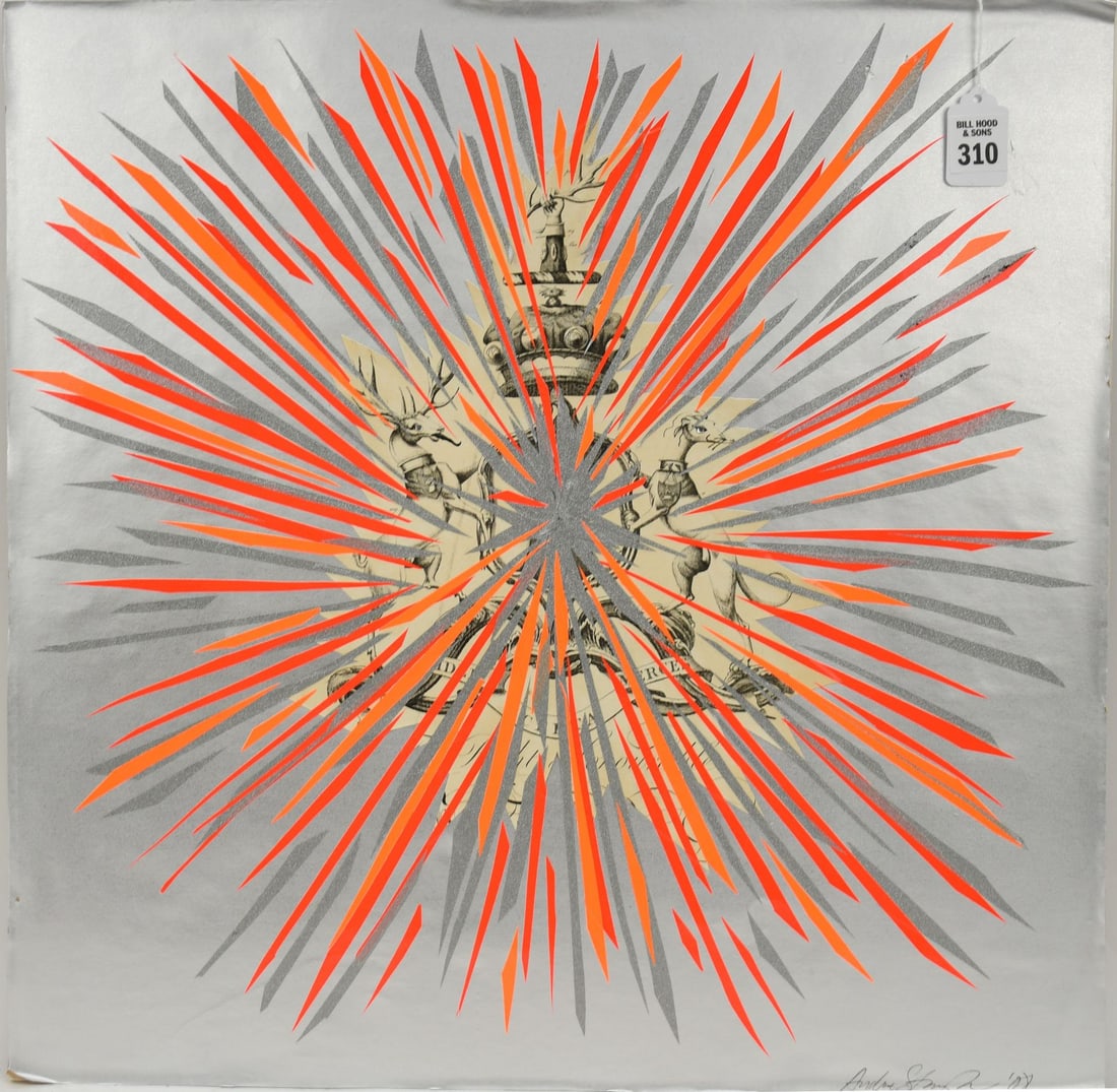 Collage: Graphic burst over antique engraving of family crest. Illegibly Signed and dated lower (1 of 5)