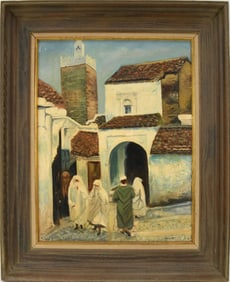 Middle Eastern Scene, Village with people, signed illegibly A.Pow?? Oil on canvas, 20 x 16 inches.
