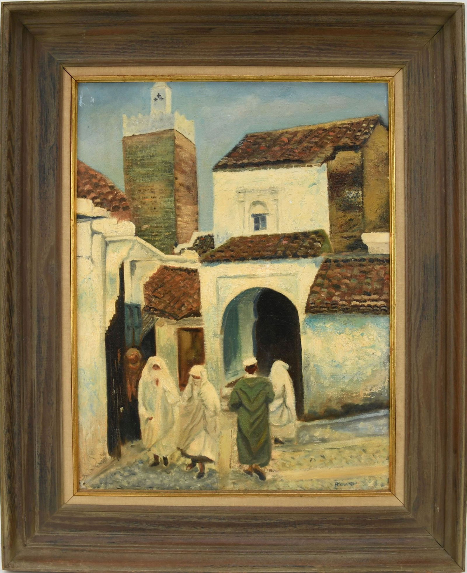 Middle Eastern Scene, Village with people, signed illegibly A.Pow??  Oil on canvas,  20 x 16 inches. (1 of 5)