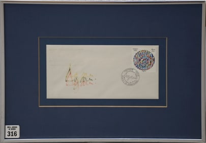 Triple hand signed Yaacov Agam envelope with artist designed French postage, mounted in a frame,