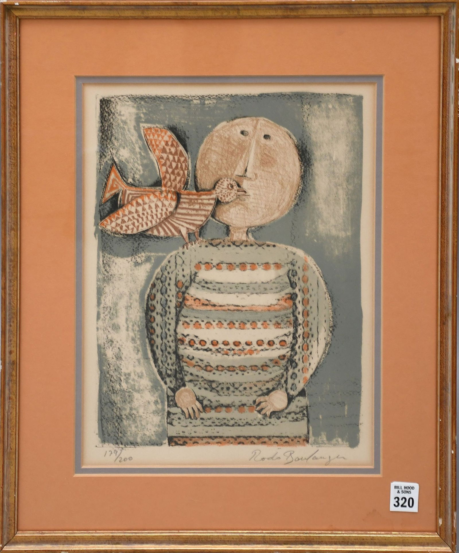 Graciela Rodo Boulanger (1935-* Bolivian) Boy and Bird color lithograph The art measures 13 1/2" x 9: Graciela Rodo Boulanger (1935-* Bolivian) Boy and Bird color lithograph The art measures 13 1/2" x 9 1/2" and the frame is 20" x 17 inches, signed and numbered #179/200 in pencil