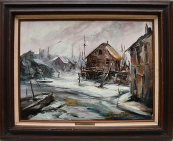 Susan Parker (American, 20th century) oil on canvas, Whorf Scene after storm, 18 x 24, overall size